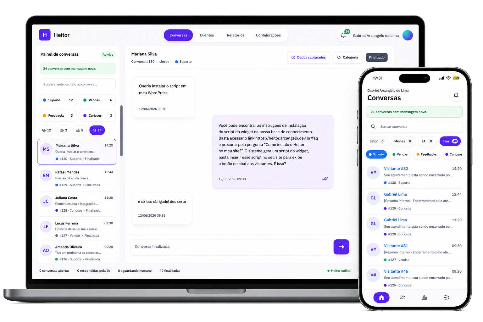 Painel do Heitor com conversas centralizadas